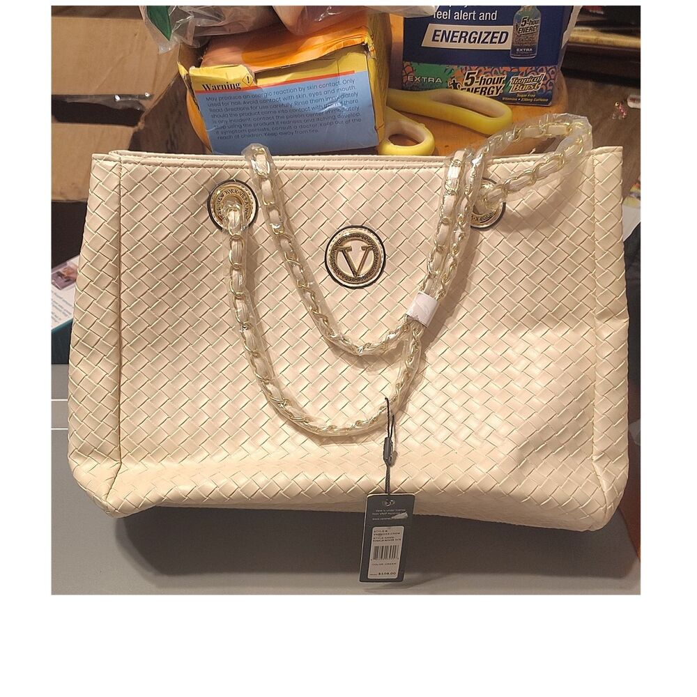 Vera New York Beige Woven Shoulder Bag Chain Strap Gold Hardware Inner Pockets